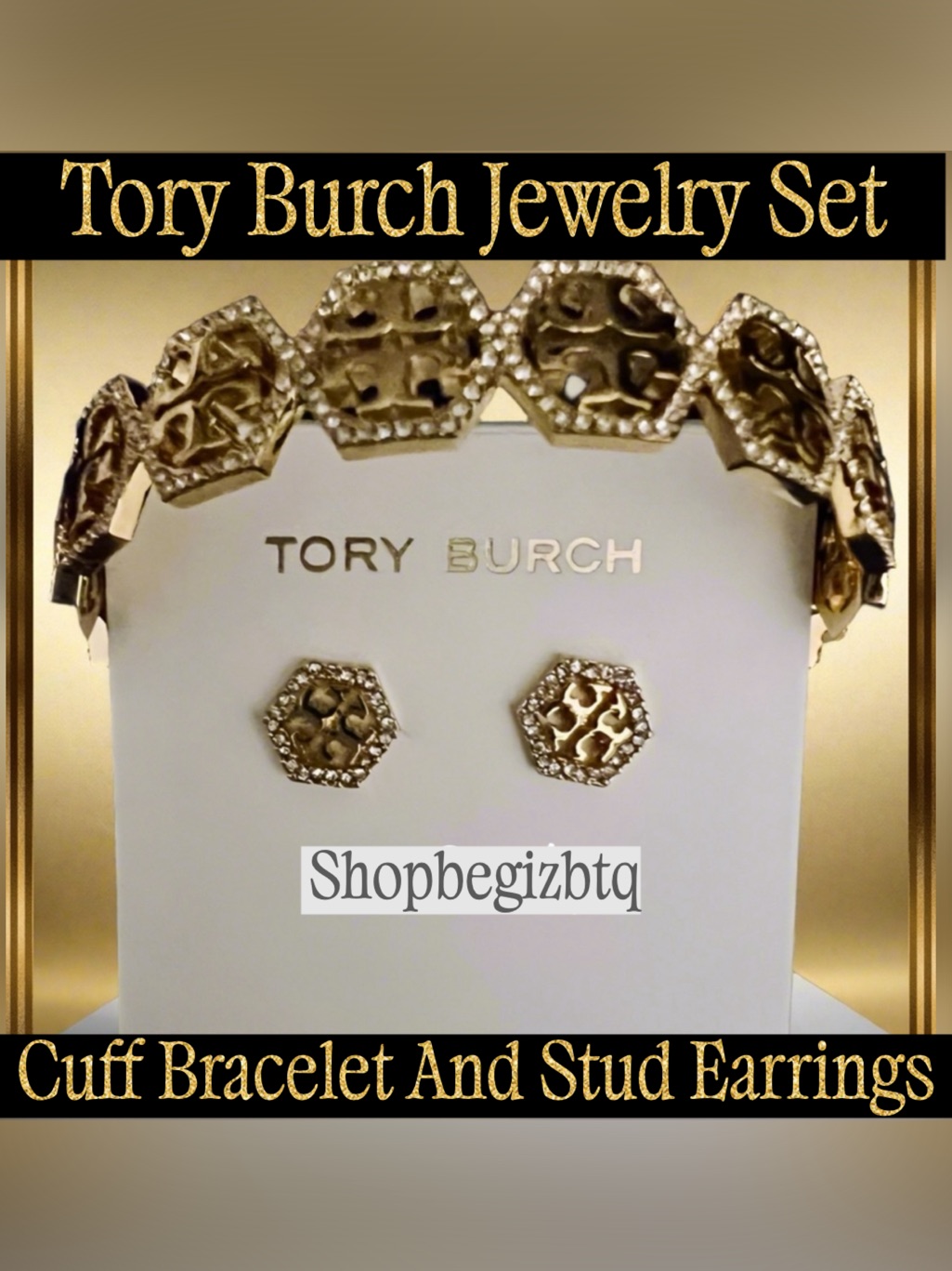 Tory Burch Hexagon Pave Frozen Logo Bracelet & Hex Stud Earrings Gold & Pav